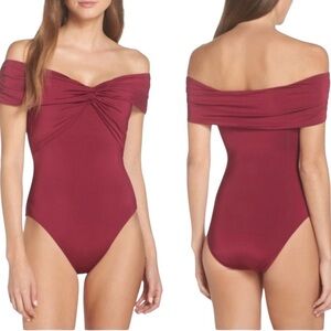 Trina Turk Off Shoulder Twist V Neck Swimsuit